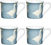 KitchenCraft China 'Goose' Fluted Printed Bird Mugs, Tea or Coffee Cups, Microwave & Dishwasher Safe, 300 ml - Blue-Grey (Set of 4)