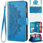 Asuwish Phone Case for Samsung Galaxy A20e Wallet Flip Cover with Tempered Glass Screen Protector and Mandala Flower Leather Credit Card Holder Stand Cell Accessories A 20e 20ae Women Girls Blue