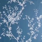 Oriental Trail Teal Wallpaper White Blossom Flowers Floral Glitter Blue Decor