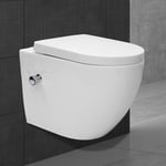 Wc Suspendu Long - Rinçage sans Rebord - en Céramique - Fonction Bidet - Blanc - avec Abattant de Toilette en Plastique Fermeture Douce - Kit de