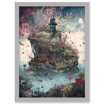 Fantasy World Coastal Island Landscape Nymph House Magical Marine Life Flying Fish Seaweed Cloud Artwork Framed Wall Art Print A4