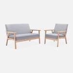 Banquette et fauteuil en bois et tissu gris clair. Isak. L 114 x l 69.5 x H 73cm