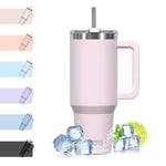 WATERSY Travel Mug Coffee Cup 40oz Tumbler Straw Lid and Handle, Stainless Steel Double Wall Vacuum Insulated Coffee Water Bottle Thermos for Cold Hot Coffee 1182ml Rose Quartz