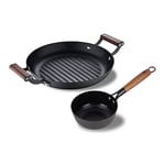 MasterPRO Odín | Pfannenset Antihaftbeschichtet 2-Teilig | Topf 16 cm + Grillpfanne 28 cm | Aus Gepresstem Eisen | Ergonomische Holzgriffe | Pfannen Set | Für Alle Herdarten, Noir