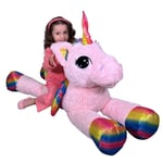 Géant Énorme Peluche Licorne 120cm Avec Ailes Rose Couché Enfants Adultes