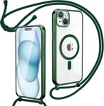 Collier Magnétique Coque Avec Cordon Pour Iphone 15 Plus, Transparent Réglable Étui Chain Chaine Housse De Souple Silicone Antichoc Etui Bandouliere Laniere Pour Iphone 15 Plus-Vert