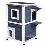 Outdoor Wooden 2-Floor Cat House Pet House Kitten Shelter- Grey