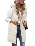 Tuopuda Manteau Femme sans Manche, Veste Longue sans Manche Polaire Chaud Automne Hiver Gilet sans Manche à Capuche Réversible Sherpa Hooded Coat Zippée Waistcoat avec Poches, Kaki clair, XL