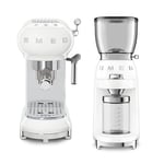 Smeg 50’s Style Retro Coffee Range Set, Espresso Coffee Machine with Steam Wand, Thermoblock Technology and Electric Coffee Grinder with Stainless Steel Grinders, White, ECF02WHUK and CGF11WHUK