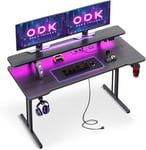 Bureau Gaming avec Lumières LED, Bureau Gamer avec Prises de Courant, Table Gaming avec Porte-Gobelet et Crochet pour Casque, Fibre de Carbone Noire, 120cm