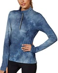 icyzone Femme Veste de Sport 1/4 Zip T-Shirts Manches Longues Séchage Rapide avec Chemises de Course Haut de Yoga Trous de Pouce (L, Teinture Cravate Bleue)