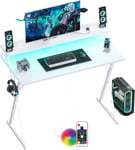 Bureau Gaming avec Prises Courant LED ¿ 120x50cm Moderne Bureau Table Gamer Ergonomique, Grand Support Ecran, Crochet Casque, Poste de Travail Informatique pour Etudier Chambre Bureau Domicile