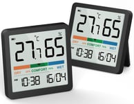 Thermomètre d'ambiance numérique Hygromètre d'intérieur Moniteur de température et d'humidité avec date horloge Indicateur de confort Affichage Calibration pour chambre de bébé (Noir-2PCS)