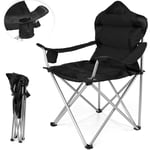 Tresko - Chaise de camping pliante noir jusqu'à 150 kg chaise de pêche, avec accoudoirs et porte-gobelets