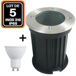 Lot de 5 Spot Encastrable de Sol Rond Inox 316 Extérieur IP65 + Ampoule GU10 7W Blanc Froid 6000K