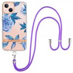 iPhone 15 Skal Blommönster med Strap Blå Pion