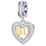 80 Years Old Anniversary Charms fit Pandora Open Bracelet, 18K Gold Number 80 Dangle, 925 Sterling Silver 80th Birthday Heart Pendant Beads with CZ, Gifts for Granny/Nana/Mothers Day