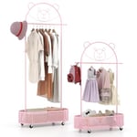 FANTASK Porte-manteau sur roulettes pour enfant avec tringles réglables en hauteur - Avec panier et décoration d'ours - Chariot à vêtements pour chambre d'enfant - 81 x 34 x 130-182 cm - Rose