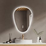 EMKE Miroir Salle de Bain avec Éclairage, 70 x 50 cm, Miroir LED Asymétrique, Interrupteur Tactile, 3 Couleurs de Lumière Réglables, Miroir Anti-Buée