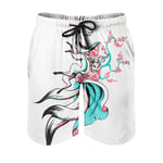 kikomia Men's Beach Shorts Watercolour Nine Tails Fox Kitsune Peach Blossom Print Vintage Surf Shorts with Pockets White S