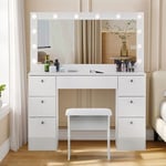 Large Dressing Table LED Bulbs Mirror Drawers Stool Storage White Makeup Desk