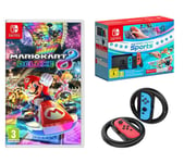 Switch Neon Red & Blue, Sports, Mario Kart 8 Deluxe, Joy-Con Racing Wheels & Nintendo Switch Online 12 Month Membership Bundle, Red,Blue