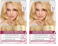 L’ORÉAL PARIS - Coloration Cheveux Permanente Triple Soin - Couvre 100% des Cheveux Blancs - Excellence Crème - Nuance : Blond Très Clair Doré (9.3) (Lot de 2)