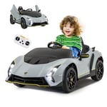 GOPLUS Lamborghini Voiture Electrique Enfants 12V, Voiture Enfant Electrique avec Télécommande, Lumières LED, Musique & Klaxon, 2-4 Km/h, Charge 30KG, pour Enfant 3-8 Ans (Gris)