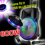 Enceinte Sono DJ PARTY KARAOKE 800W portable Batterie 2 MICROS Disco Mobile 12" LED RGB USB/MICRO SD/Bluetooth /RADIO FM + OVNI