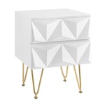 EUGAD Table de Chevet avec 2 Tiroirs à Effet 3D, Table de Nuit Adulte, Meuble de Rangement Moderne pour Chambre à Coucher, Salon, 40x40x53 cm, MDF et Métal, Blanc + Doré, 0001CTG