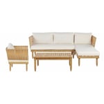 Salon de Jardin Canapé d'Angle Fauteuil et Table Basse en Bois d'Acacia Clair avec Coussins Blancs Idéal pour Extérieur Boho et Moderne Beliani