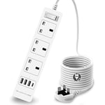 iBlockCube UK Extension Lead 3M(9.84FT) Surge Protected Power Strips 4 USB Slots (3 USB A + 1 Type C), 3 Way Cable Fuse Protector & Shutter USB Plug Socket 3 Gang Smart Charging Station Cord (White)