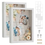 SONGMICS A4 Picture Frames with 6 Mats, Set of 2 Shadow Boxes with 8 Wood Push Pins, Deep Multi Photo Frame, Collage Frame, A4, 4x6, or 4x4 Photos, Valentine's Day Gift, Rustic White RPF019W02