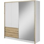 Armoire de rangement sara 204 cm Porte Coulissante Miroir 2 Tiroirs Blanc Mat / Chêne Artisan