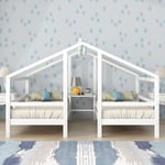 Lit cabane 90x200, lit enfant, 2 lit simples, avec table de milieu, lit ado, antichute - B, blanc