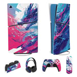 PlayVital Autocollant pour ps5 Slim Console Digital Edition Sticker Skin pour ps5 Slim,Kit d'Autocollants Accessoires pour ps5 Manette pour ps5 Télécommande&Casque&Station de Charge-Dragon Néon