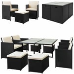 Casaria - Deuba - Salon de jardin - polyrotin • set 4+4+1 fauteuil, tabouret et table + coussins Noir, fauteuils encastrables - plateau verre