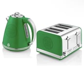 SWAN Kettle & 4 Slice Toaster Set Celtic Retro 1.5L Jug Stainless Steel -Green