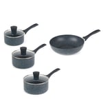 Russell Hobbs Pan Set 4 Piece Saucepans & Stir Fry Pan Non-Stick Blue Marble