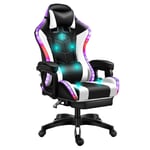 LED Lights Racing Gaming Chair for Adults with Footrest And Massage Lumbar Pillow, Swivel Height Adjustable Reclining PU Leather Video Game Chair, E-Sports Gaming Chair Big And Tall,black and white