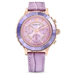 Swarovski Montre Octea Lux Chrono, bracelet en cuir mauve, cadran ensoleillé ton or rose et détails en cristal