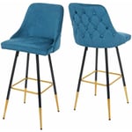 Décoshop26 - 2x tabourets de bar comptoir chaise haute pieds dorés en velours design rétro pétrole dossier capitonné