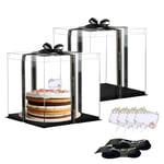 Vebetter 2Pcs Boite a Gateau Transparente Boite Layer Cake Boite de Transport Gateau 26 x 26cm Réutilisable Boîte à Gâteaux en Plastique avec Ruban pour Gateau et Présentoir à Dessert, 8 inch, Noir.