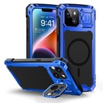 Lanhiem Coque pour iPhone 14, Métal et Rigide [Protection Caméra & Supports] Antichoc Militaire avec du Verre trempé Integrale Indestructible Chantier Etui [Compatible Charge sans Fil] - Bleu