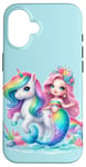 Coque pour iPhone 16 Sirène Fille Licorne Fête Arc-en-ciel Poney Floral Magique