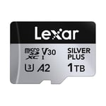 Lexar Silver Plus Carte Micro SD 1 to, jusqu'à 205 Mo/s de Lecture, 150 Mo/s en écriture, Carte mémoire Micro SD avec Adaptateur SD, UHS-I, A2, U3, V30, Classe 10, 4K UHD microSDXC