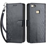 Coque pour Huawei P10 Lite, Housse en Cuir PU Flip Pochette Portefeuille Étui avec Emplacement Carte Huawei P10 Lite Coque Magnétique Antichoc (3D Noir)