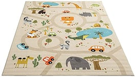 the carpet Happy Life Tapis de Jeu, pour la Chambre, Convient aux Enfants, avec Motif de la Rue, de la Route, de la Jungle, des Animaux et des Voitures, Beige, 160 x 220 cm