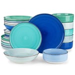 vancasso Bonita Blue Dinner Set, Handpainted Swirls Dinner Sets for 6 People, 24-Piece Plates and Bowls Set in Cool Tones, Include Dinner Plates, Dessert Plates, Pasta Bowls and Cereal Bowl