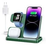 JARGOU Chargeur Induction 3 en 1 pour iPhone 15 14 13 12 11 Pro Max/XR/8/Samsung, Station de Charge pour Apple Watch 9/Ultra 2/SE/8/7/6/5/4, Base Chargeur pour AirPods Pro/3/2 (Vert)